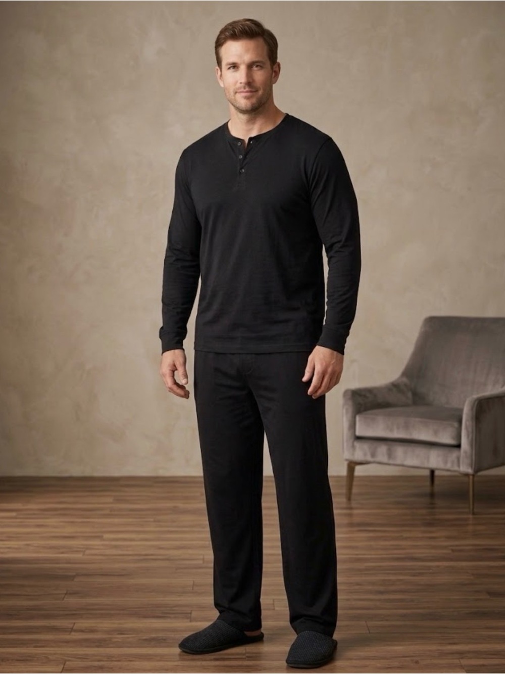 Marks & Spencer Lounge Set Black XXL Top XL Pants Henley Pajamas Stretch